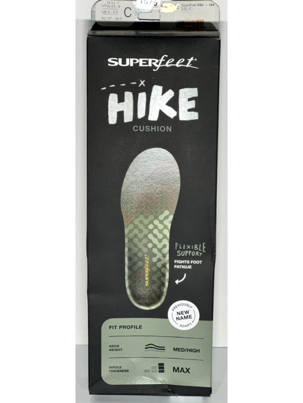 Superfeet Hike Max Cushion Inserts Med High Arch Size C - M5.5-7 & W6.5-8 - NEW